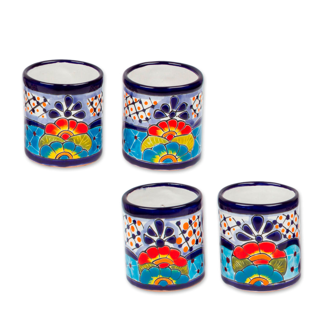 Four Mexican Talavera Style Floral Ceramic Mugs - Raining Flowers