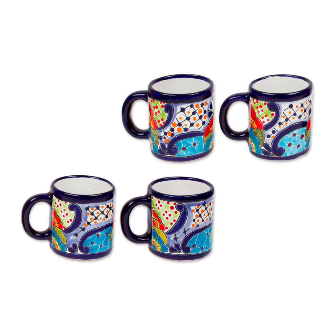 Four Mexican Talavera Style Floral Ceramic Mugs - Raining Flowers
