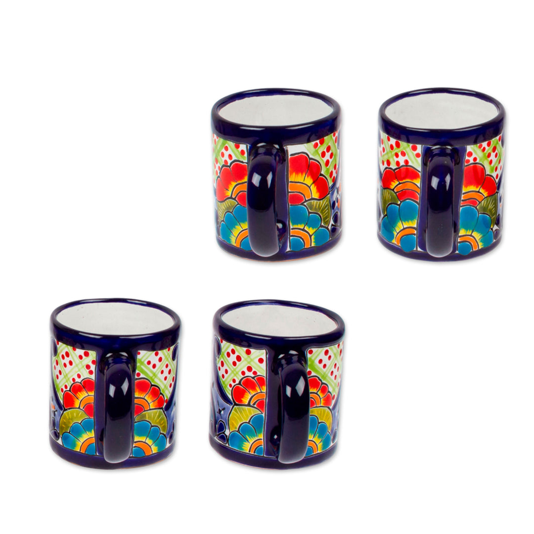 Four Mexican Talavera Style Floral Ceramic Mugs - Raining Flowers