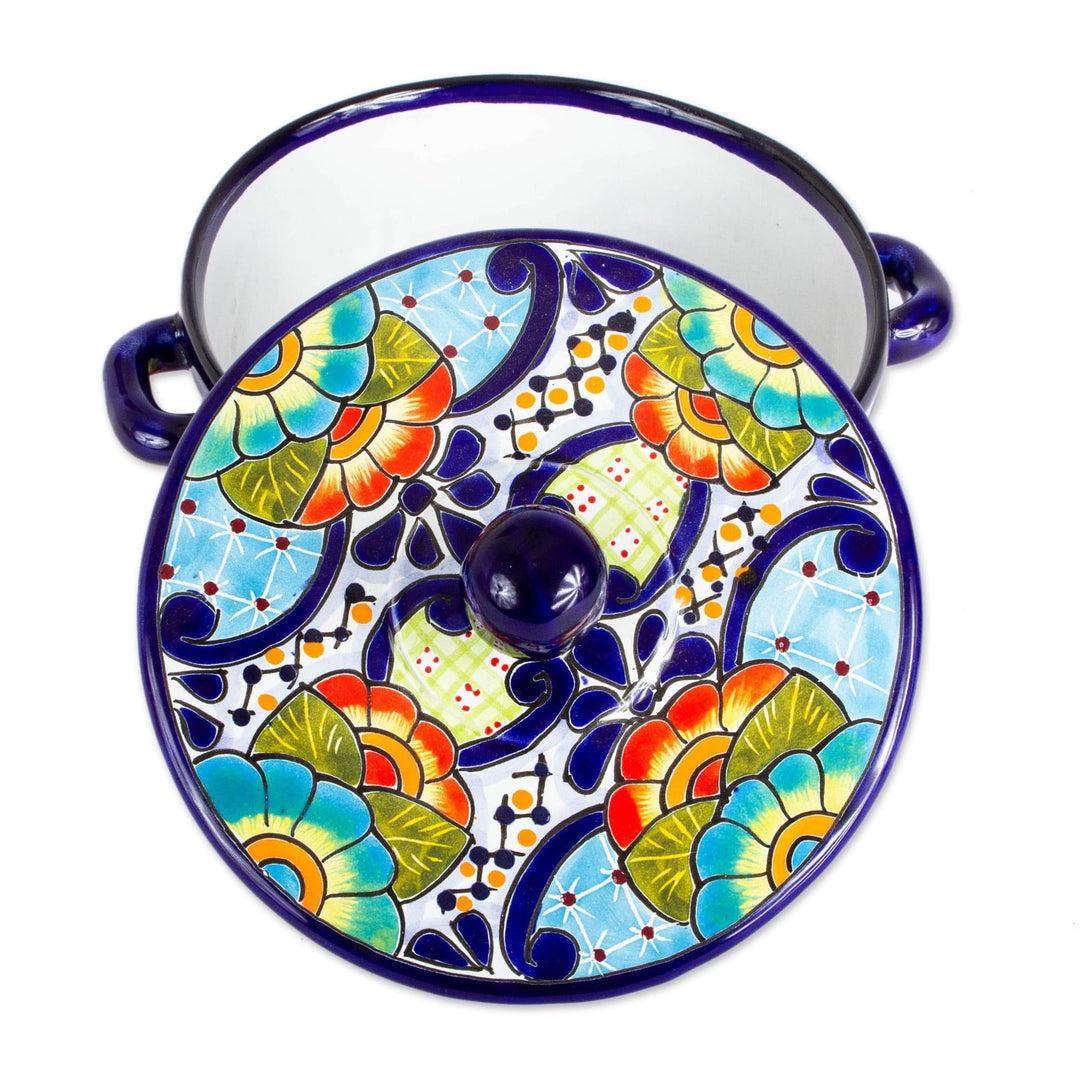 Mexican Talavera Style Ceramic Tortilla Container and Lid - Raining Flowers