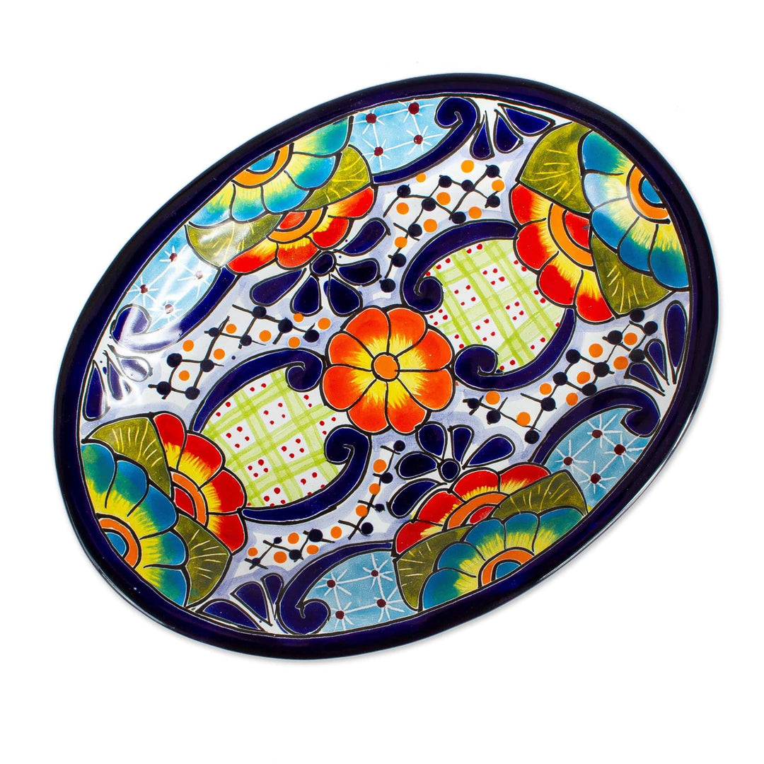 Mexican Talavera Ceramic Oval Serving Plate - Raining Flowers