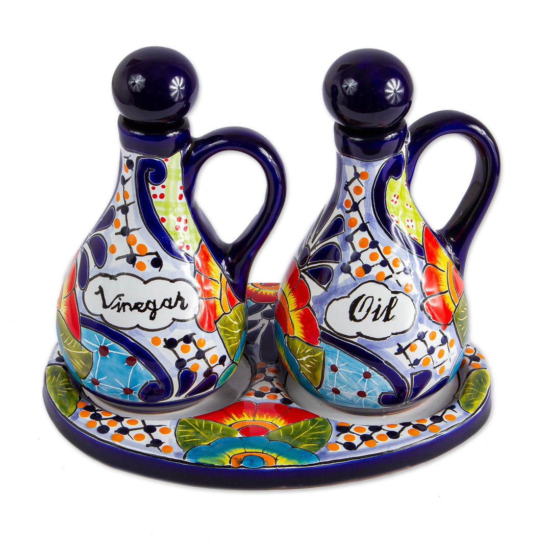Talavera Style Ceramic Oil and Vinegar Bottles (3 Piece Set) - Raining Flowers