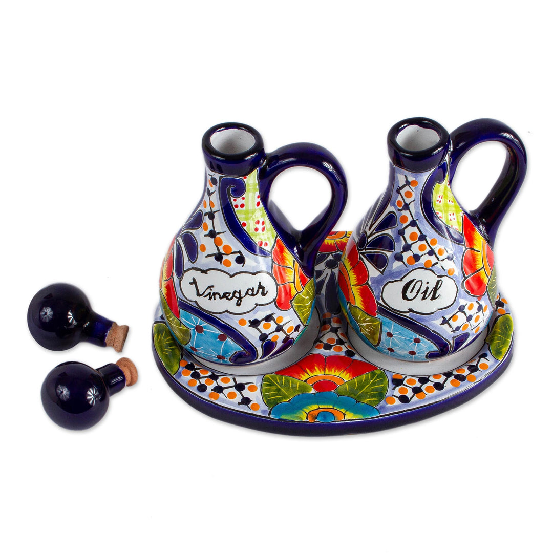 Talavera Style Ceramic Oil and Vinegar Bottles (3 Piece Set) - Raining Flowers
