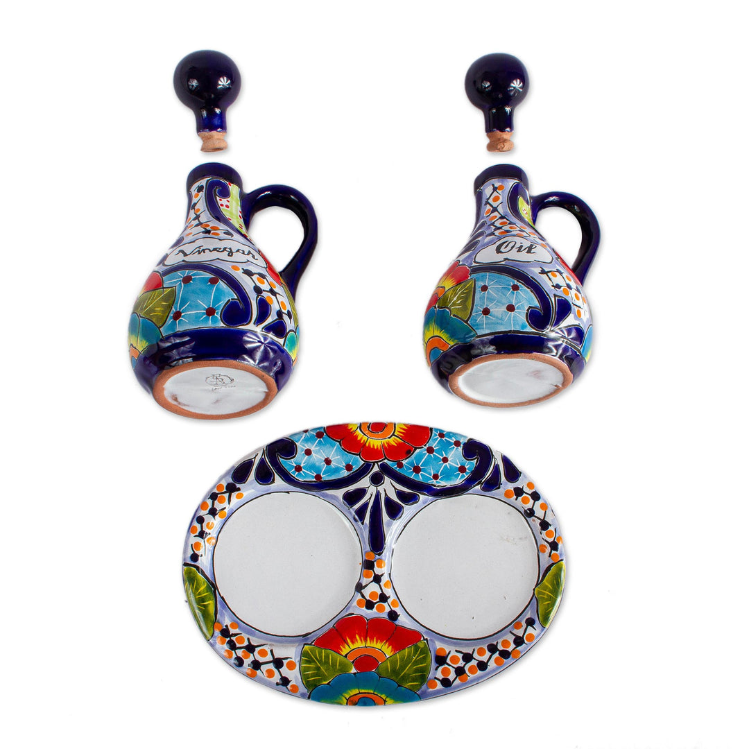 Talavera Style Ceramic Oil and Vinegar Bottles (3 Piece Set) - Raining Flowers