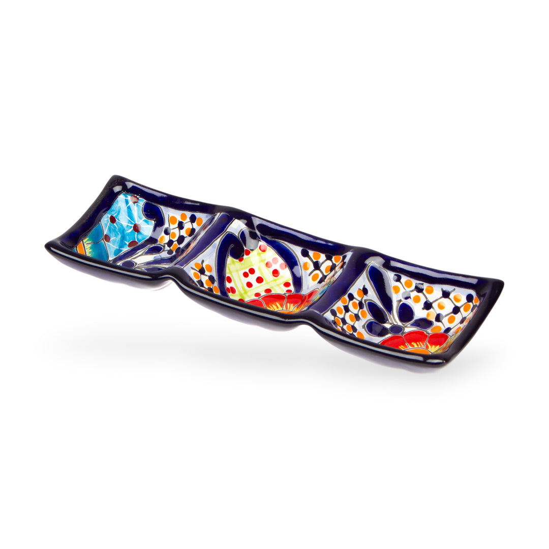 Mexican Talavera Style Ceramic Triple Condiment Dish - Raining Flowers