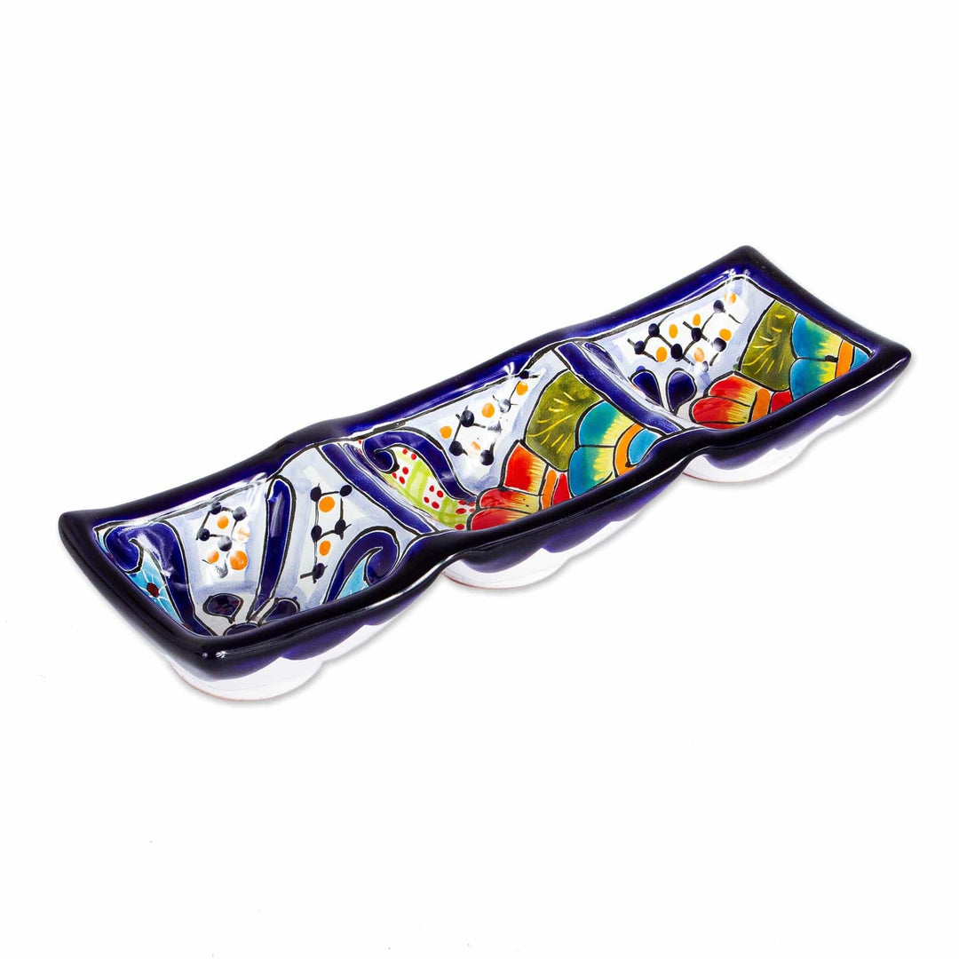 Mexican Talavera Style Ceramic Triple Condiment Dish - Raining Flowers