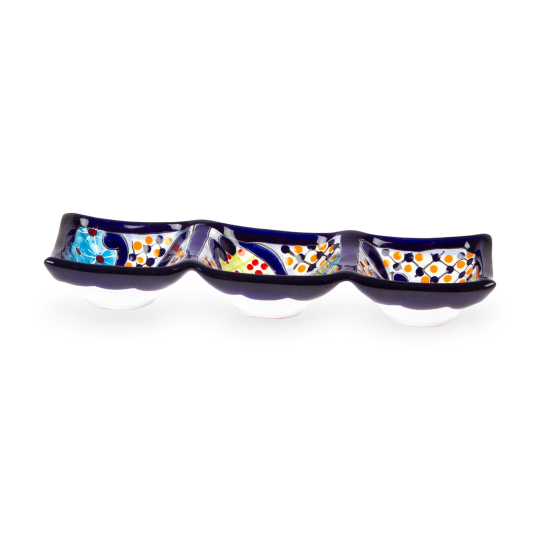 Mexican Talavera Style Ceramic Triple Condiment Dish - Raining Flowers