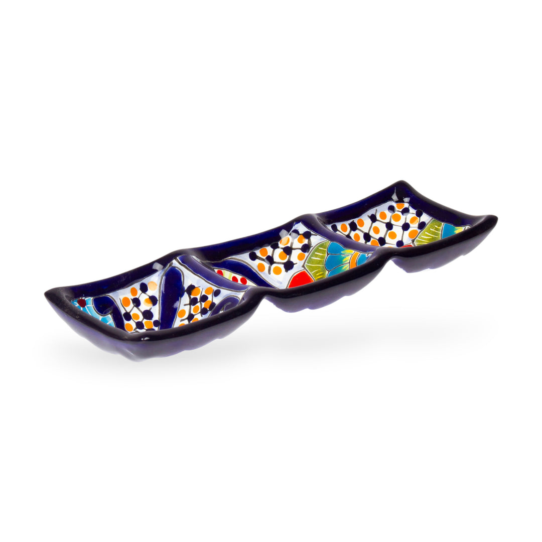 Mexican Talavera Style Ceramic Triple Condiment Dish - Raining Flowers