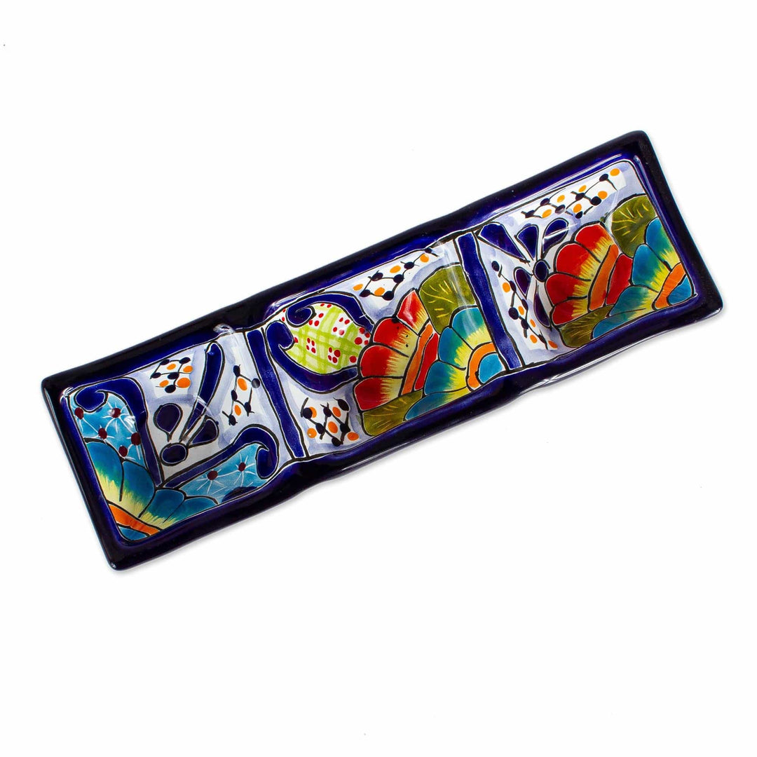 Mexican Talavera Style Ceramic Triple Condiment Dish - Raining Flowers