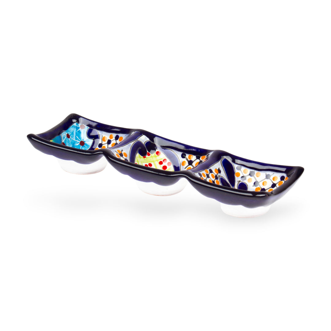 Mexican Talavera Style Ceramic Triple Condiment Dish - Raining Flowers