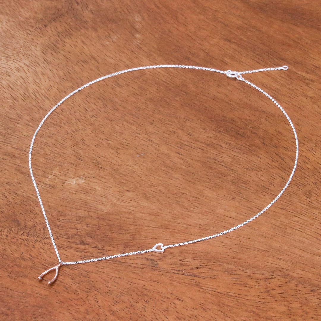 Rose Gold Accented Sterling Silver Wishbone Necklace - Oracle Wishbone