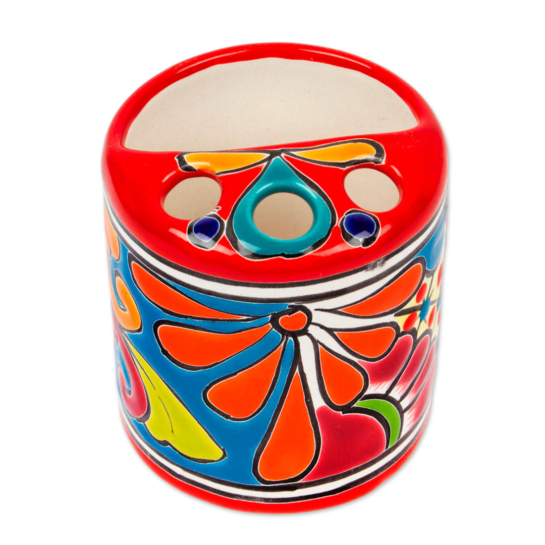 Round Talavera-Style Ceramic Toothbrush Holder from Mexico - Talavera Hygiene