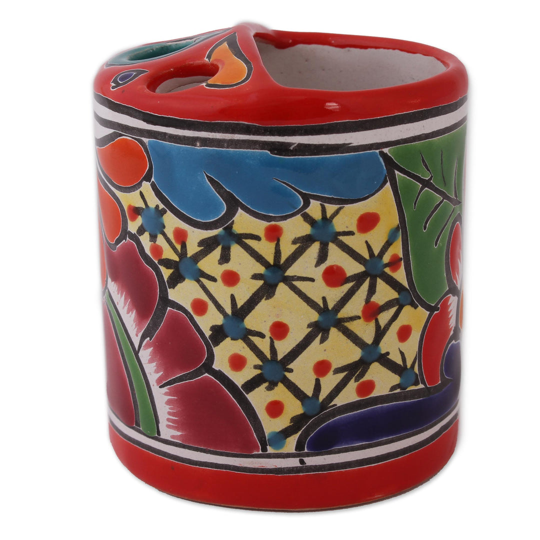Round Talavera-Style Ceramic Toothbrush Holder from Mexico - Talavera Hygiene