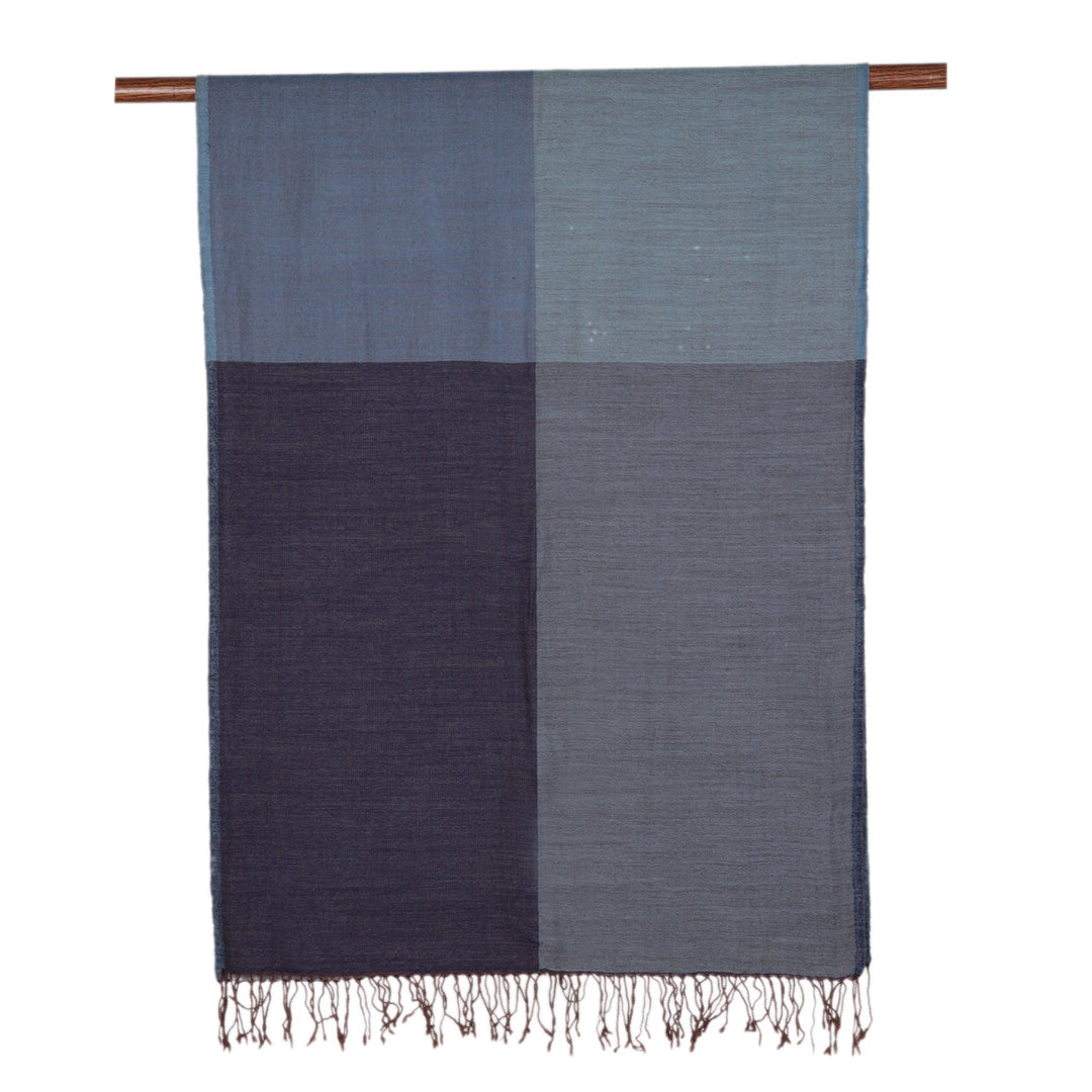 Square Pattern Fringed Wool Shawl Woven in India - Abstract Beauty