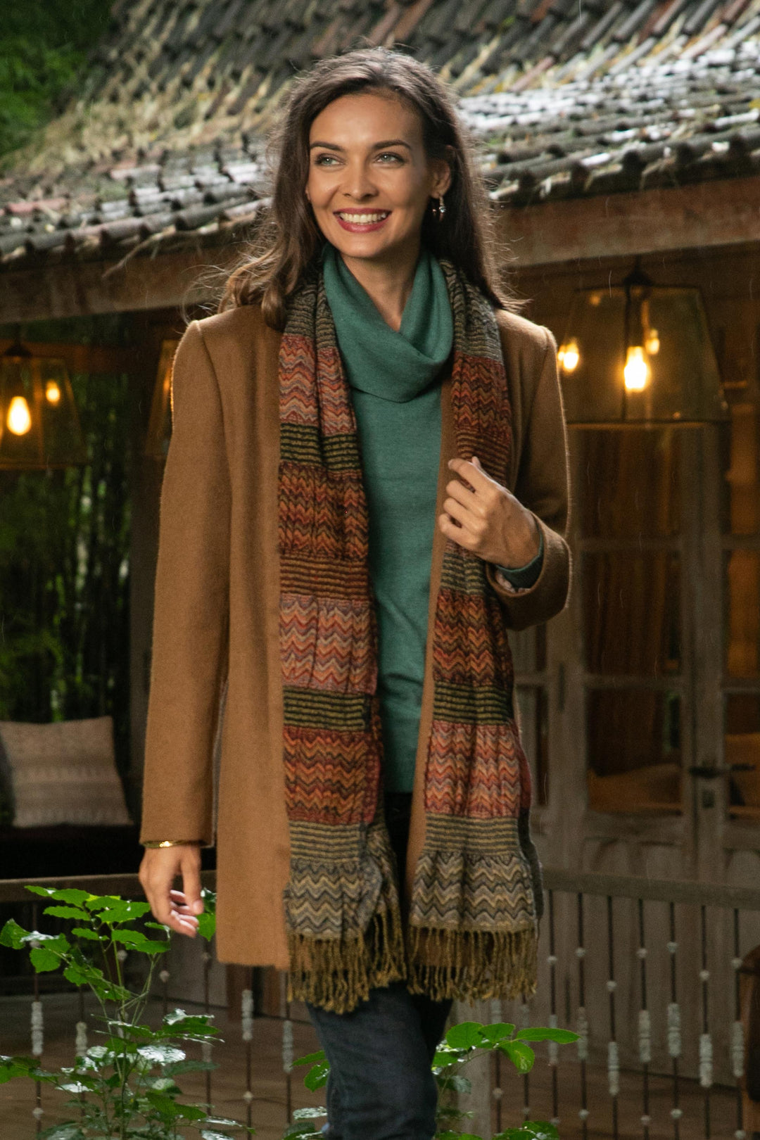 Wave Pattern Wool Scarf from India - Autumn Waves