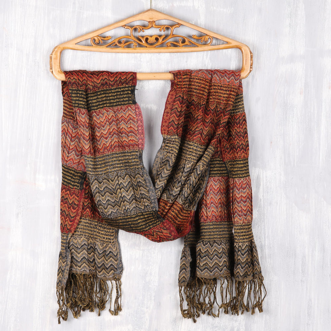 Wave Pattern Wool Scarf from India - Autumn Waves