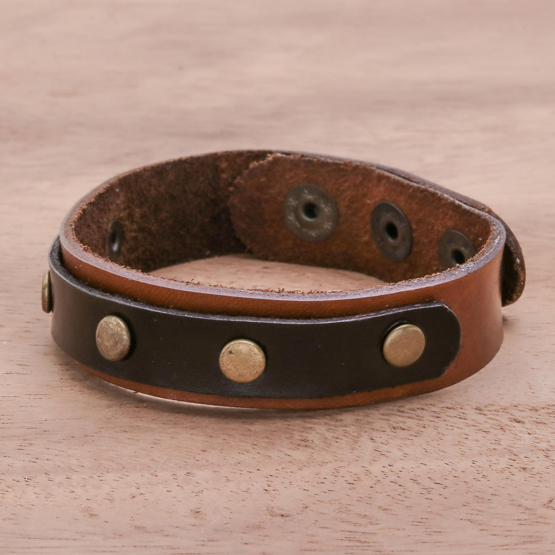 Black and Brown Studded Leather Wristband Bracelet - Striking Studs