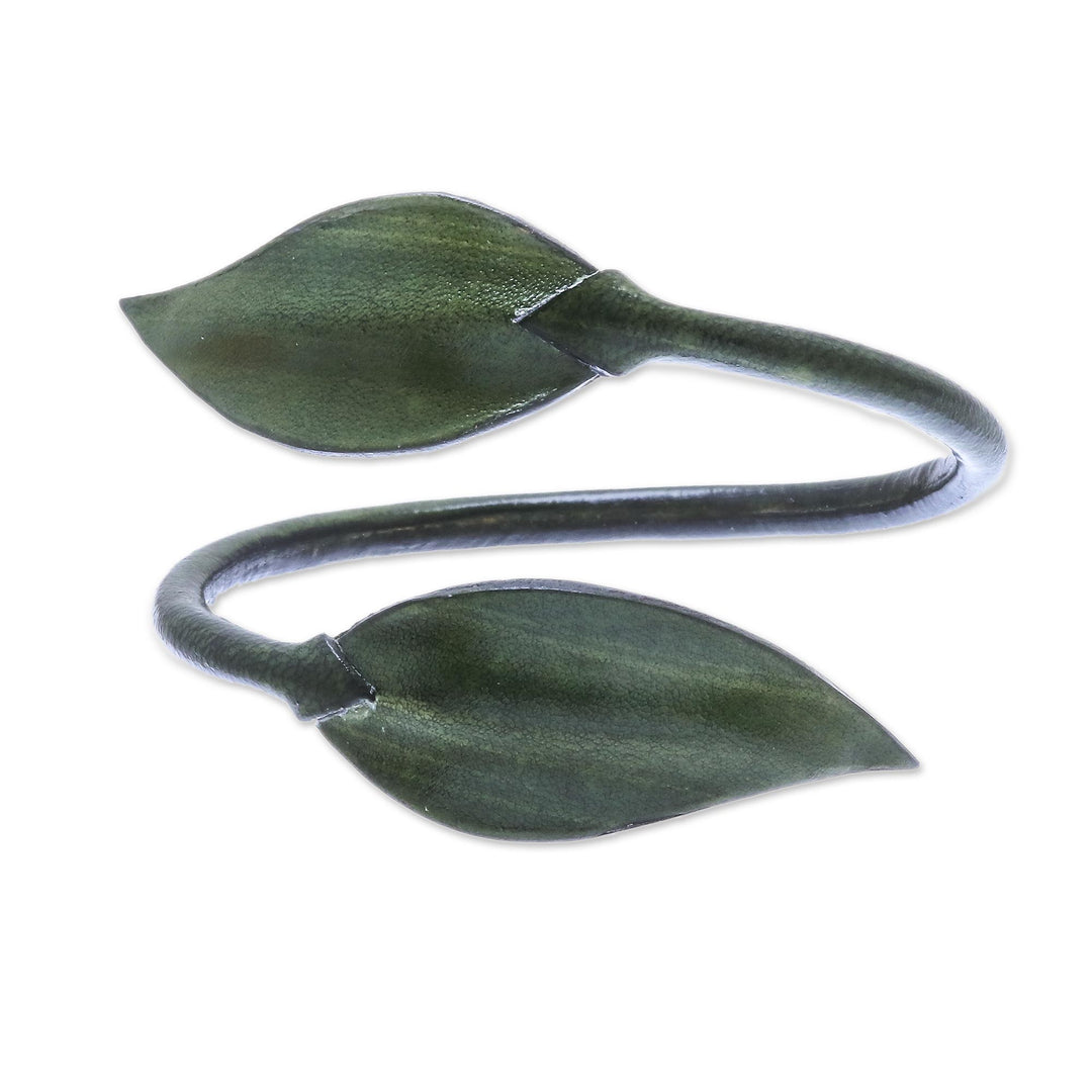 Leafy Leather Wrap Bracelet in Olive from Thailand - Forest Embrace in Olive