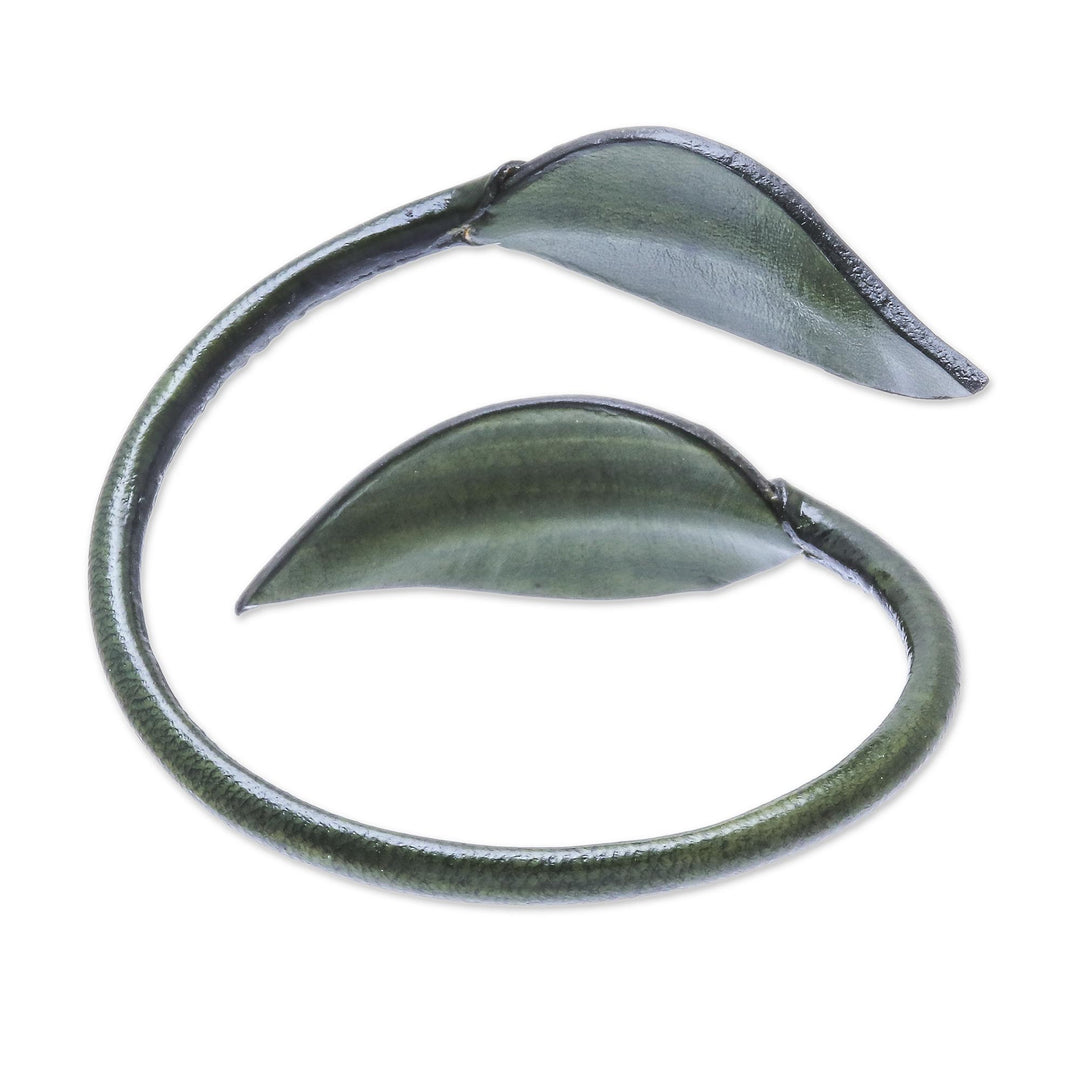 Leafy Leather Wrap Bracelet in Olive from Thailand - Forest Embrace in Olive