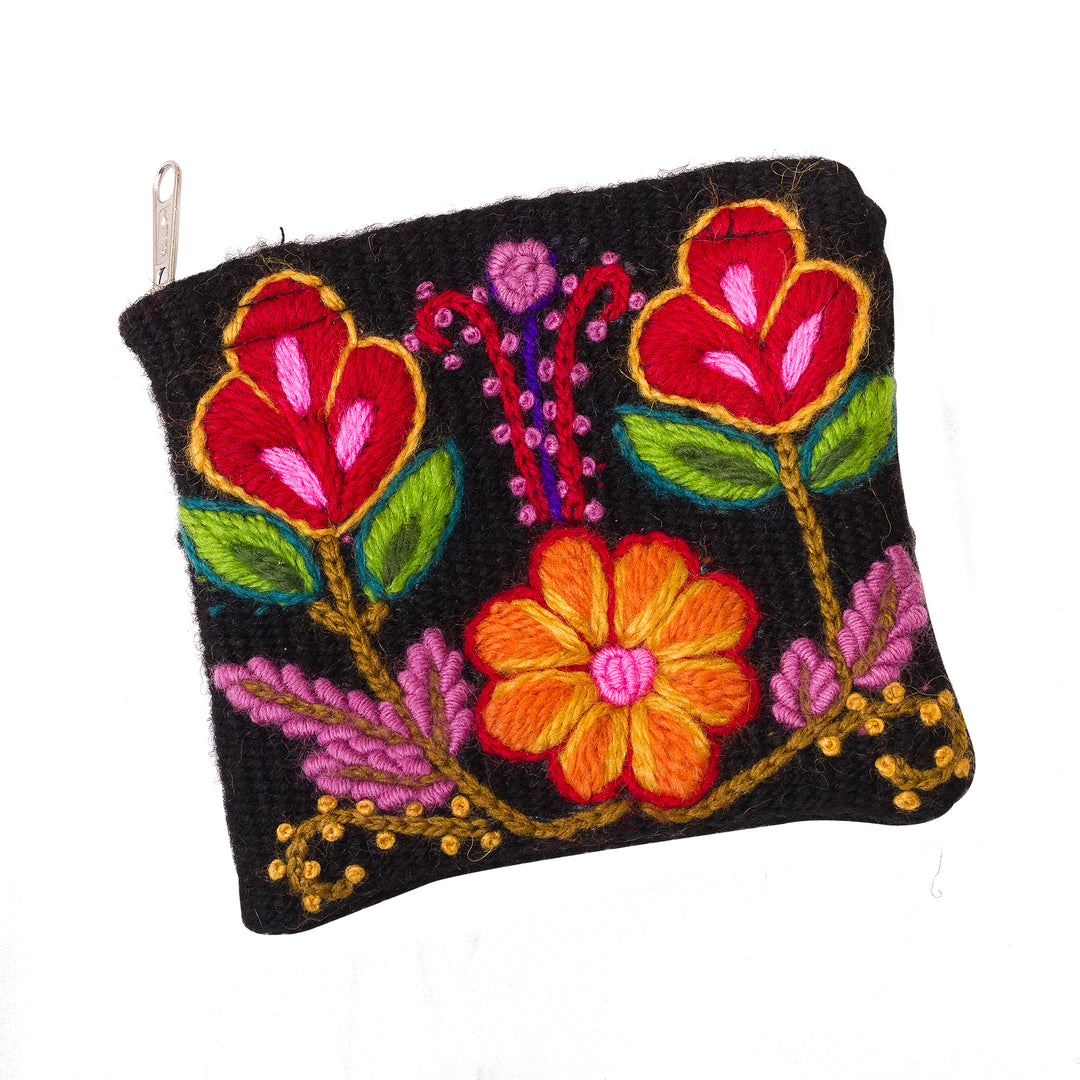 Floral Embroidered Wool Coin Purse in Black from Peru - Exceptional Garden