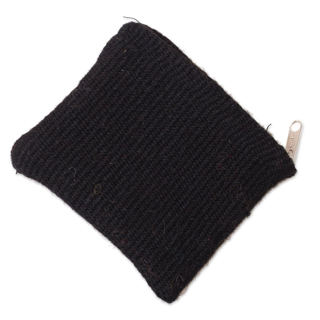Floral Embroidered Wool Coin Purse in Black from Peru - Exceptional Garden