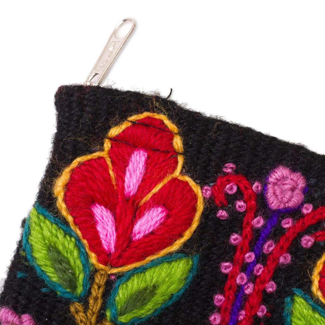 Floral Embroidered Wool Coin Purse in Black from Peru - Exceptional Garden