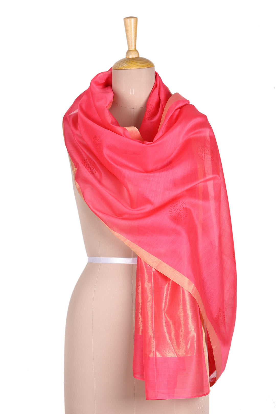 Block-Printed Cotton and Silk Shawl with Zari Embroidery - Zari Peacocks