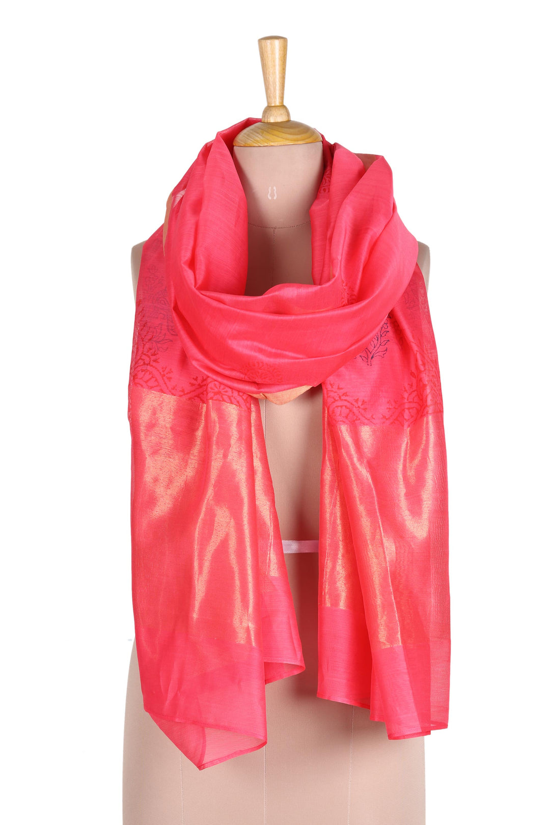 Block-Printed Cotton and Silk Shawl with Zari Embroidery - Zari Peacocks