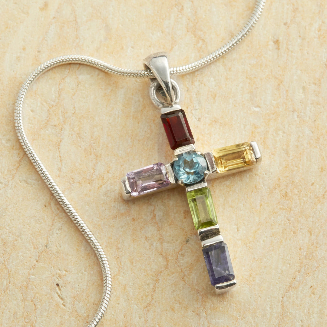 Handmade Multigem Cross Sterling Silver Religious Choker - Kolkata Cross