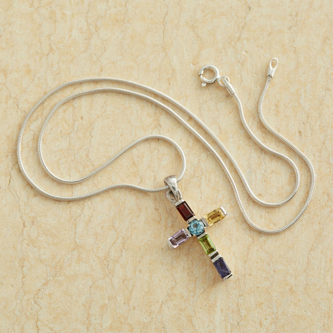 Handmade Multigem Cross Sterling Silver Religious Choker - Kolkata Cross