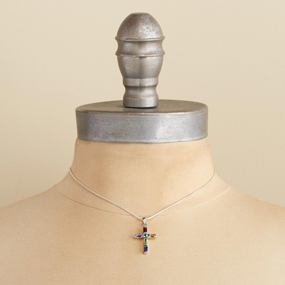 Handmade Multigem Cross Sterling Silver Religious Choker - Kolkata Cross