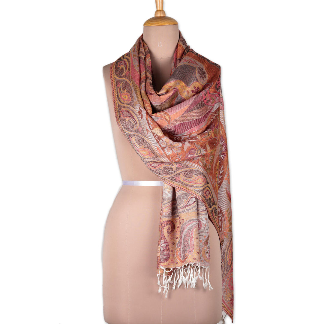 Paisley and Floral Jacquard Woven Shawl in Melon and Rose - Floral Paisley
