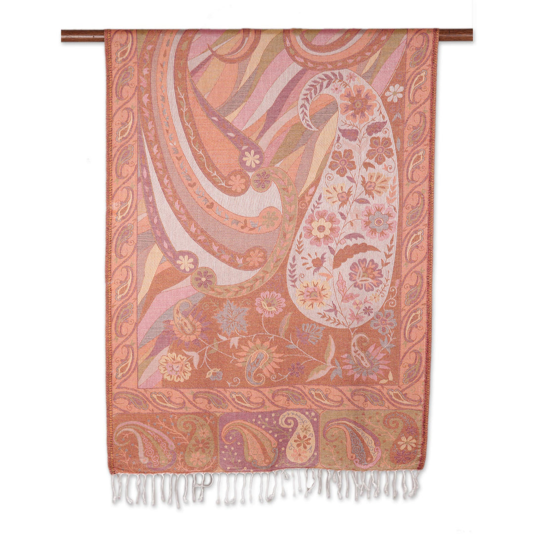 Paisley and Floral Jacquard Woven Shawl in Melon and Rose - Floral Paisley