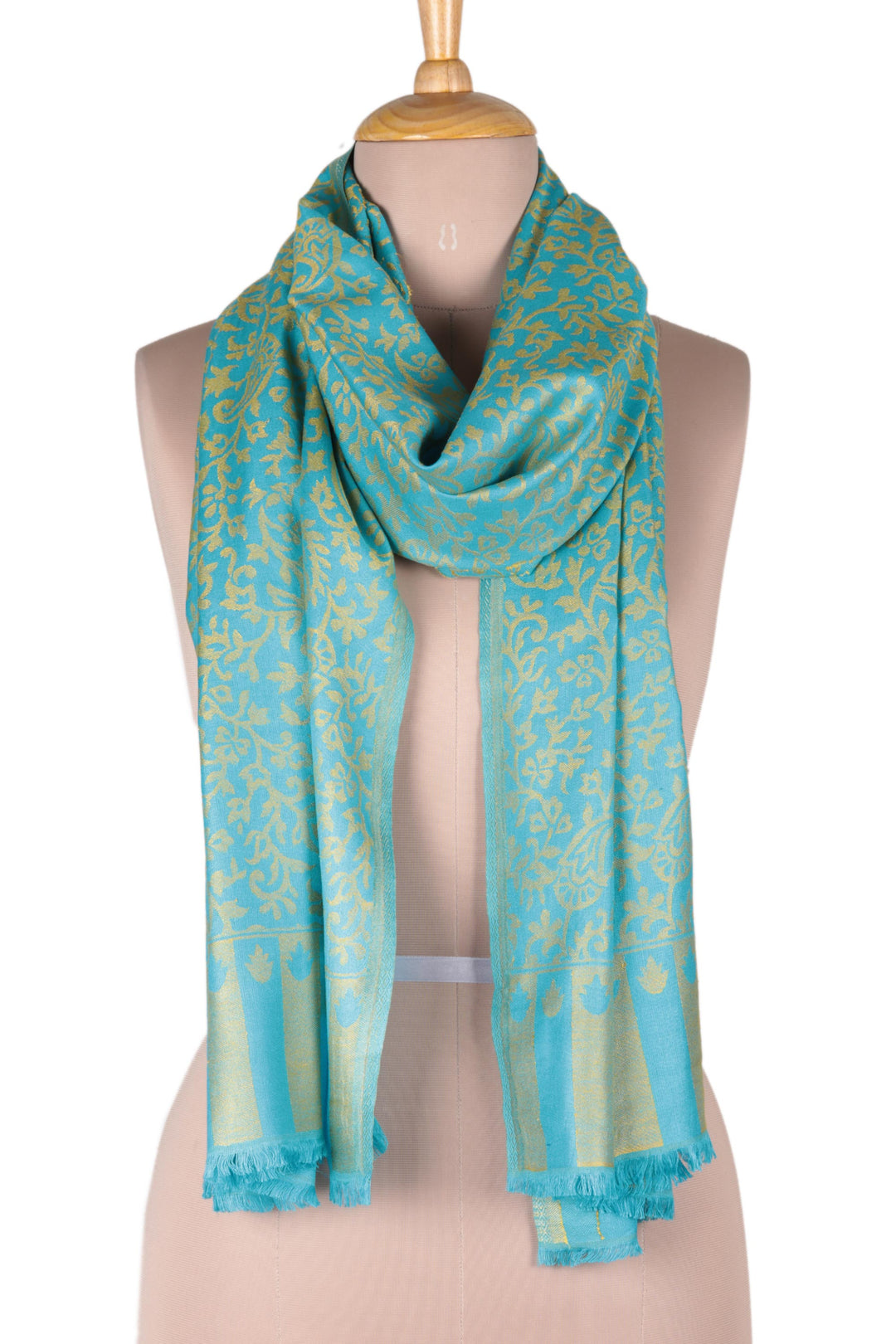 Jacquard Woven Turquoise and Maize Modal Shawl - Paisley Fanfare in Maize