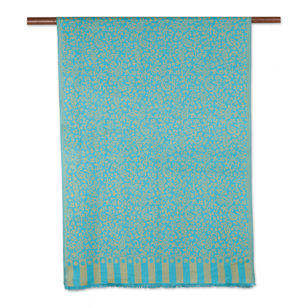 Jacquard Woven Turquoise and Maize Modal Shawl - Paisley Fanfare in Maize