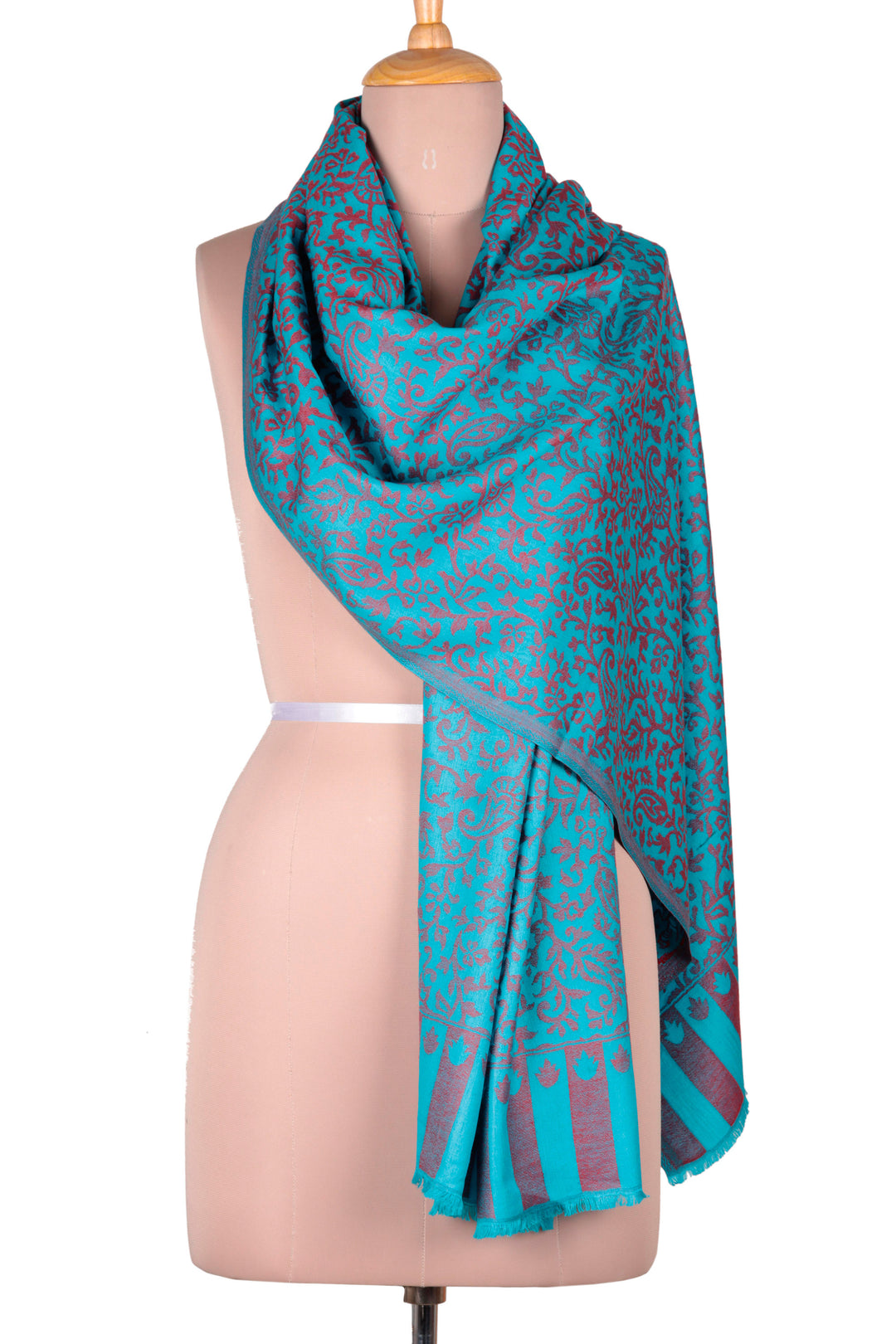 Blue and Red Jacquard Woven Shawl from India - Paisley Fanfare in Cardinal