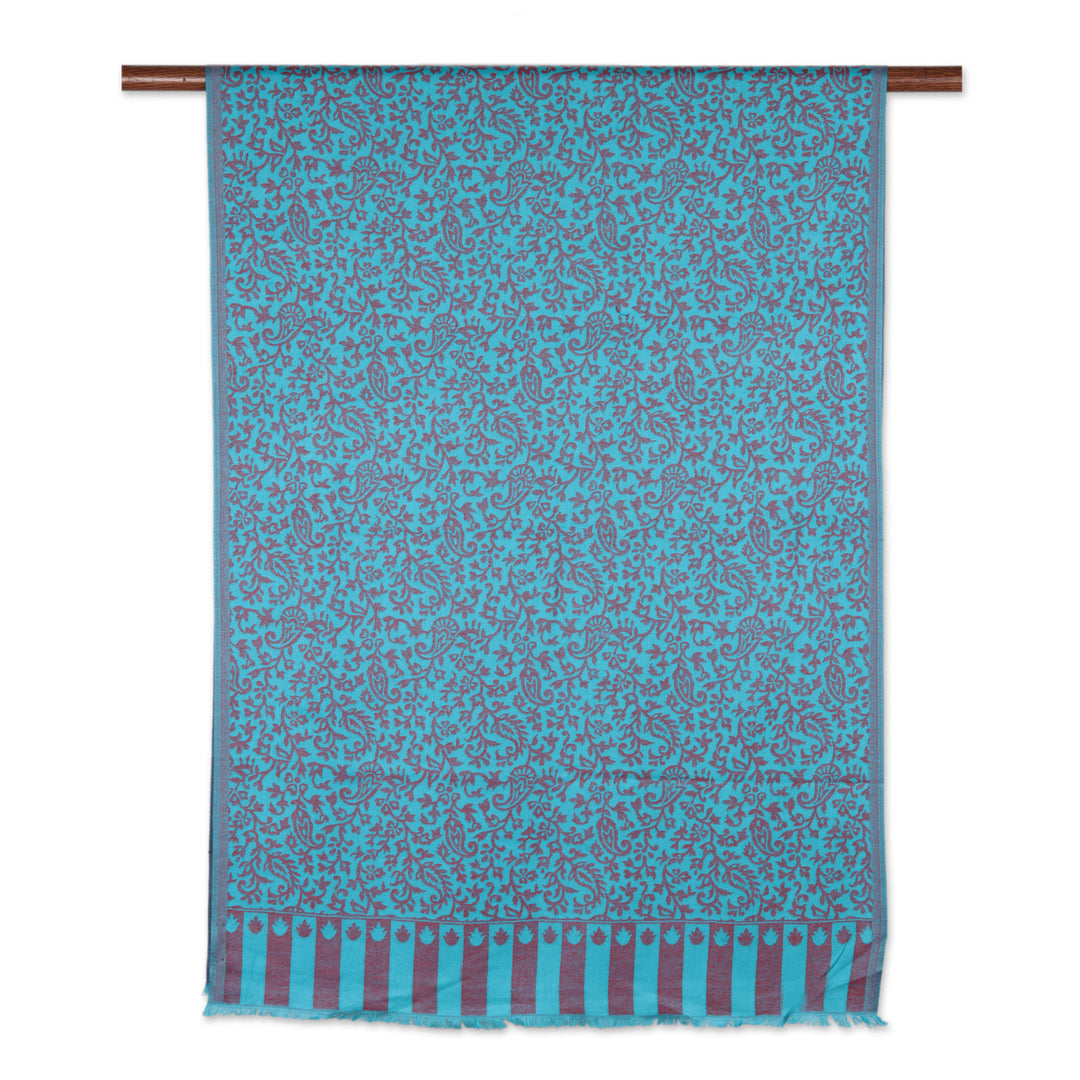 Blue and Red Jacquard Woven Shawl from India - Paisley Fanfare in Cardinal