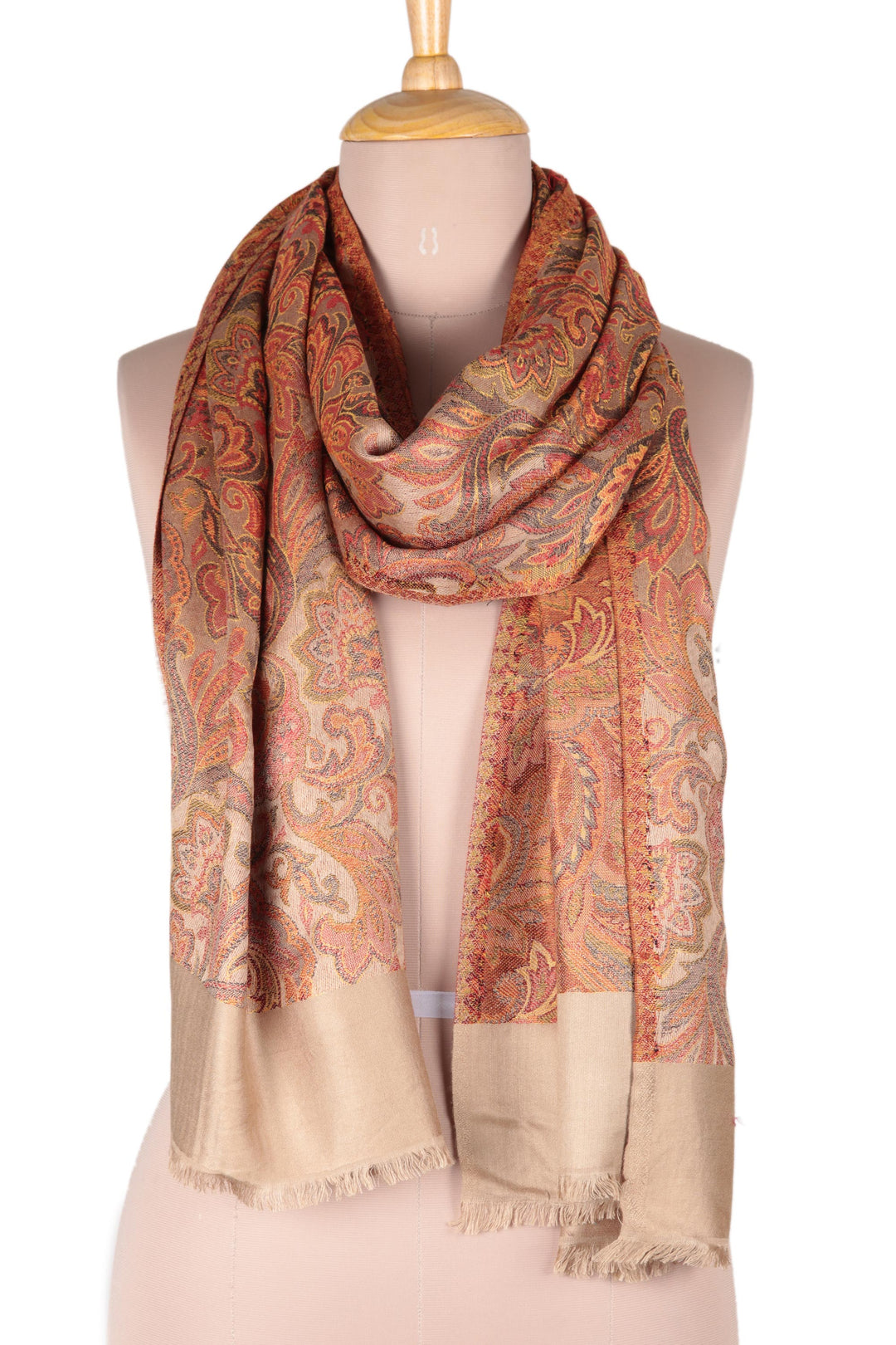 Leaf and Floral Motif Jacquard Modal Shawl from India - Acanthus Garden