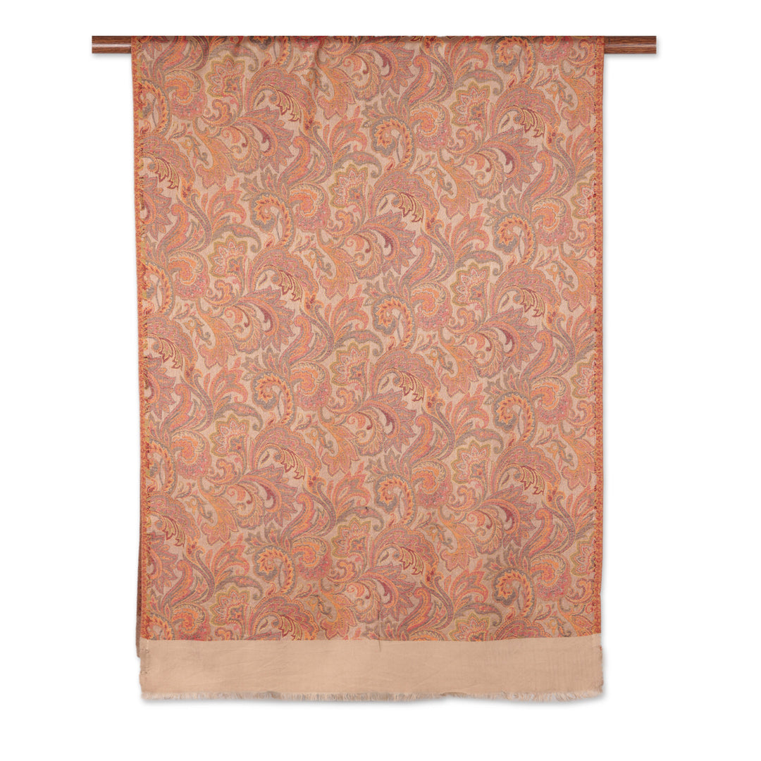 Leaf and Floral Motif Jacquard Modal Shawl from India - Acanthus Garden