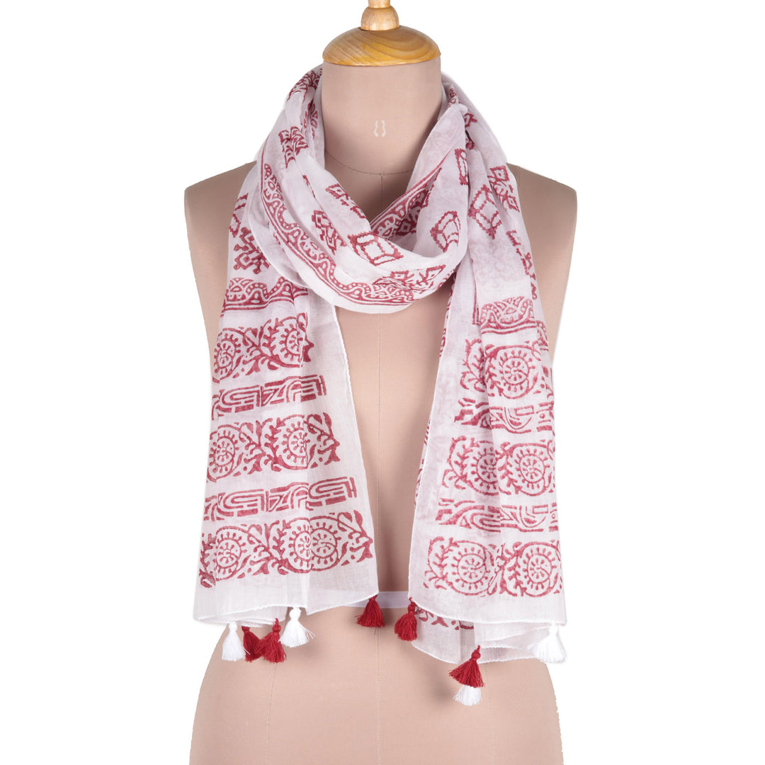 Cotton Scarf with Burgundy Block Print Motifs from India - Burgundy Bliss