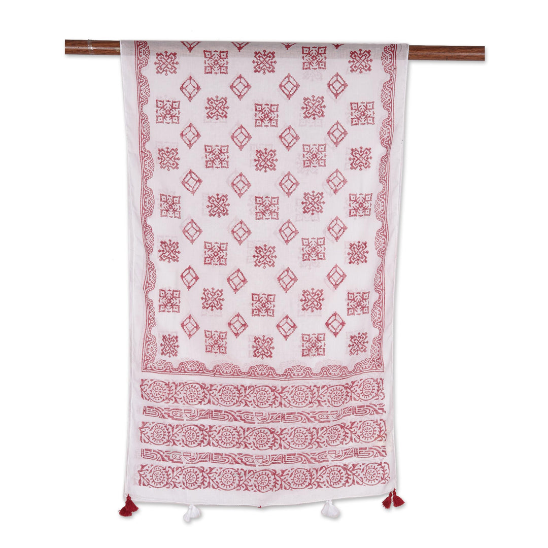 Cotton Scarf with Burgundy Block Print Motifs from India - Burgundy Bliss