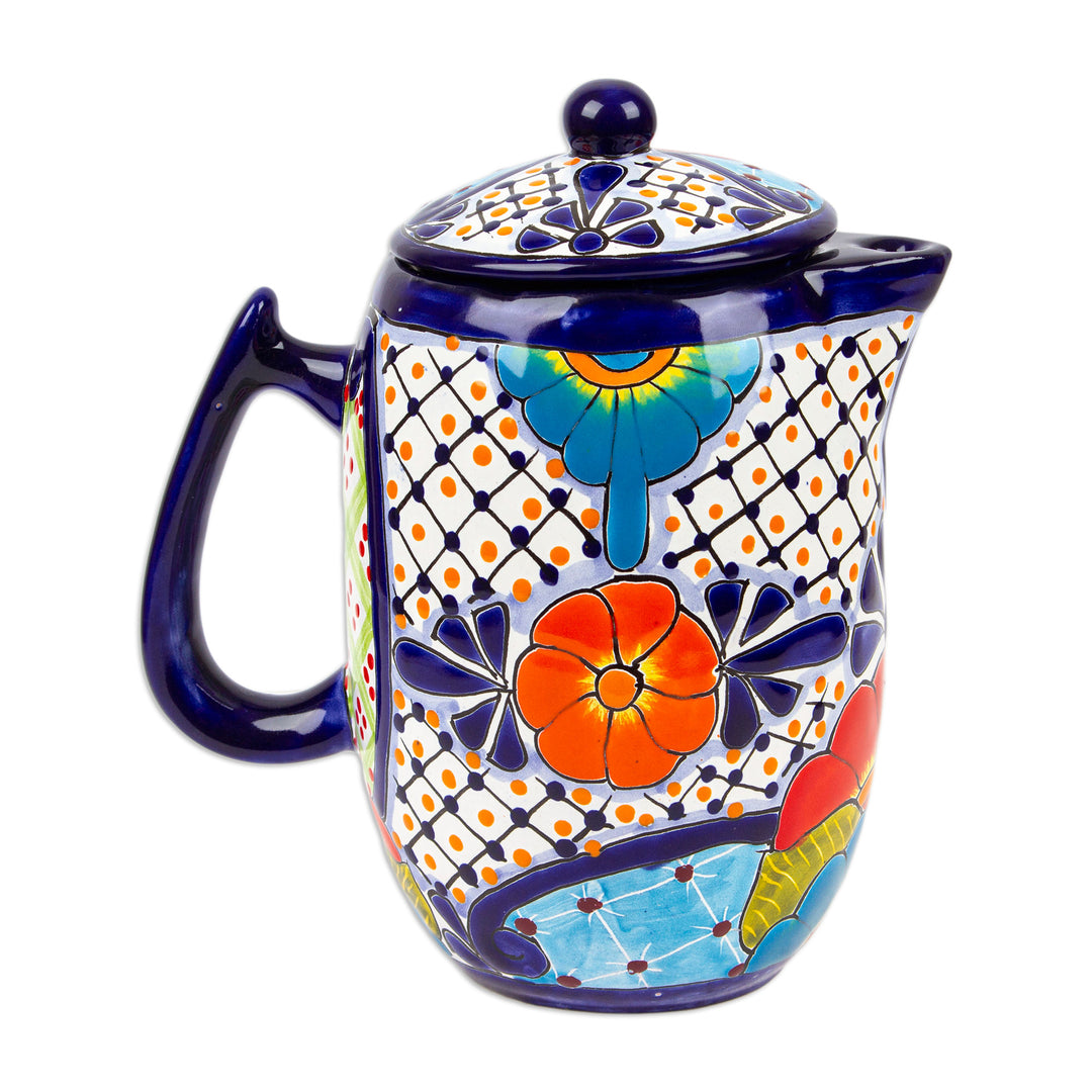 Hand-Painted Talavera Style Ceramic Coffee Pot from Mexico - Raining Flowers