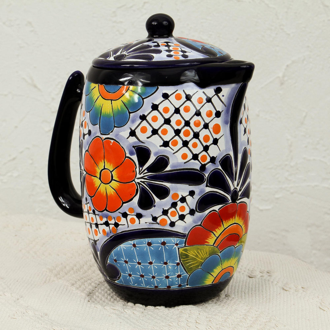 Hand-Painted Talavera Style Ceramic Coffee Pot from Mexico - Raining Flowers