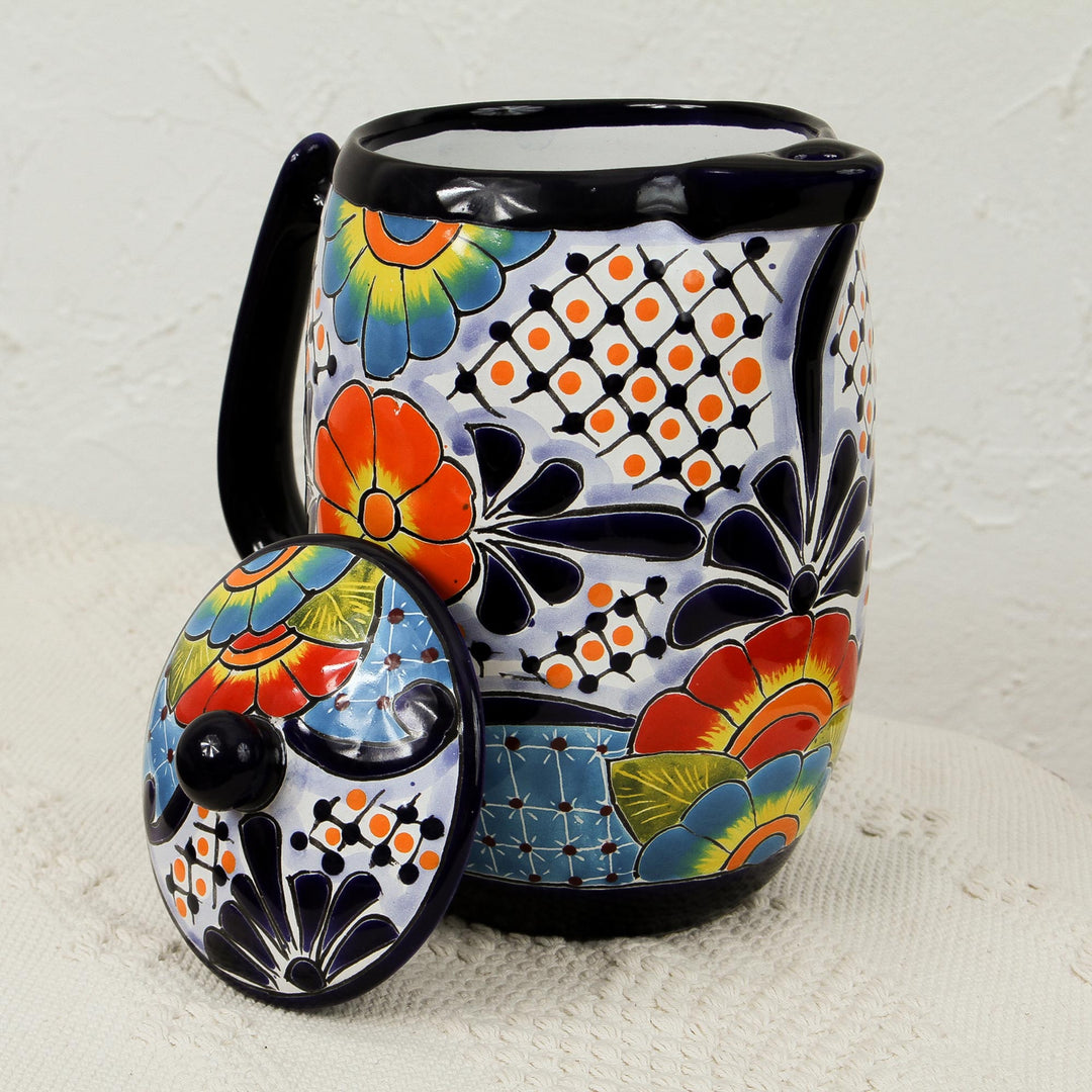 Hand-Painted Talavera Style Ceramic Coffee Pot from Mexico - Raining Flowers