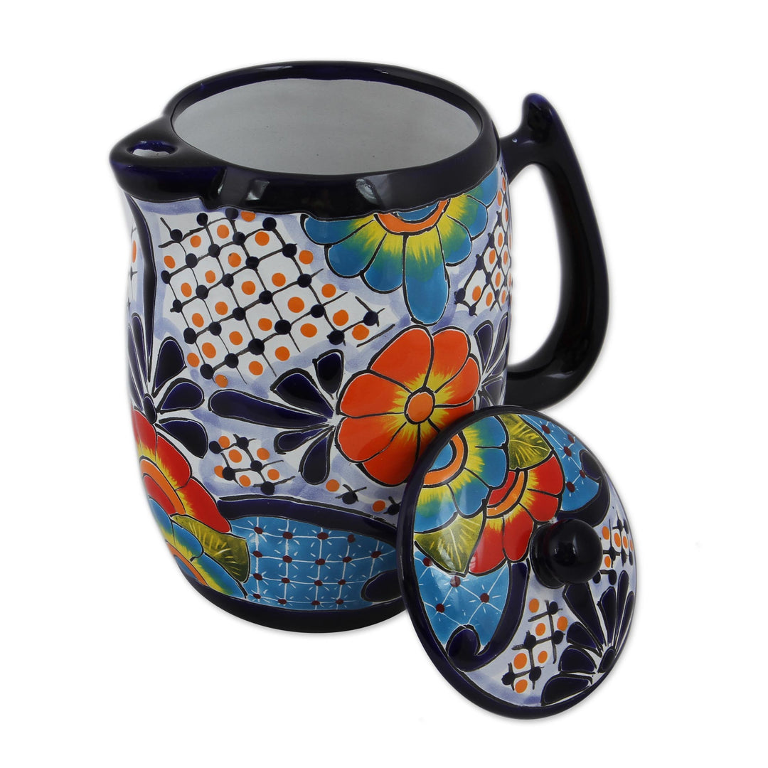 Hand-Painted Talavera Style Ceramic Coffee Pot from Mexico - Raining Flowers