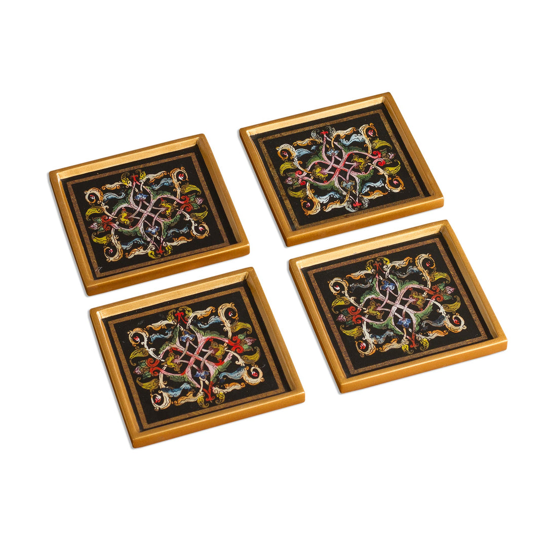 Floral Reverse-Painted Glass Coasters (Set of 4) - Colonial Intricacy