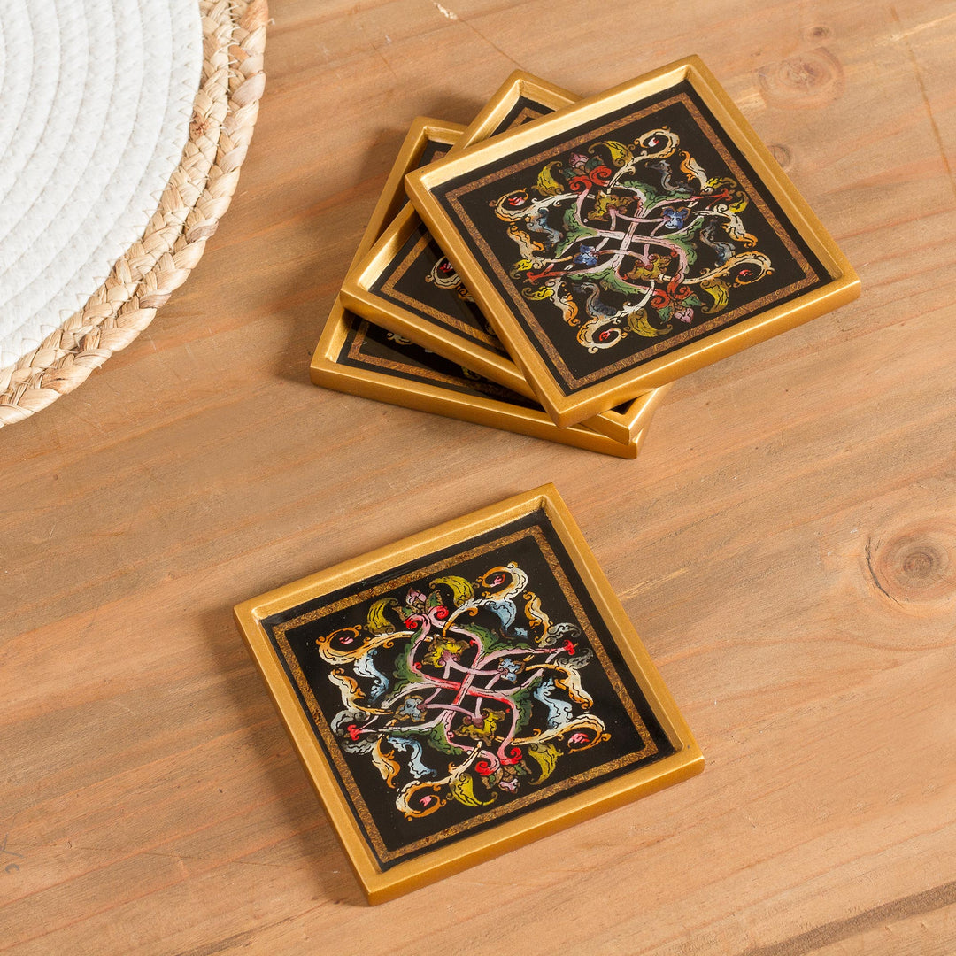 Floral Reverse-Painted Glass Coasters (Set of 4) - Colonial Intricacy
