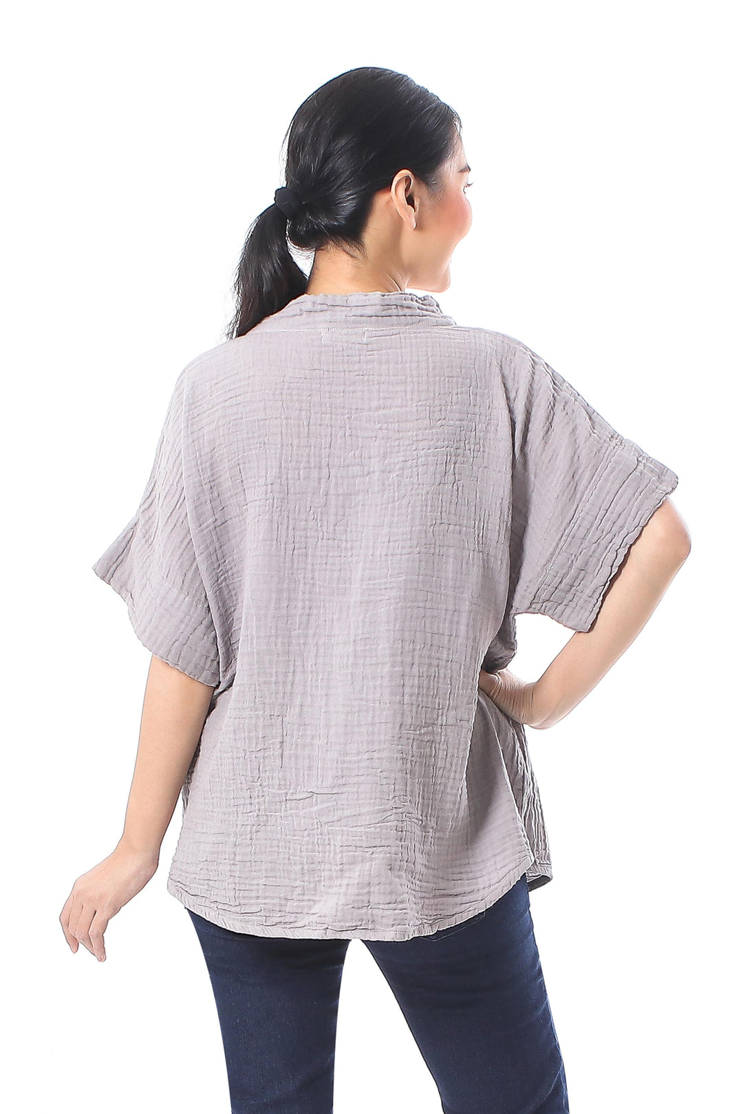 Floral Embroidered Cotton Blouse in Ash from Thailand - Classic Bloom in Ash