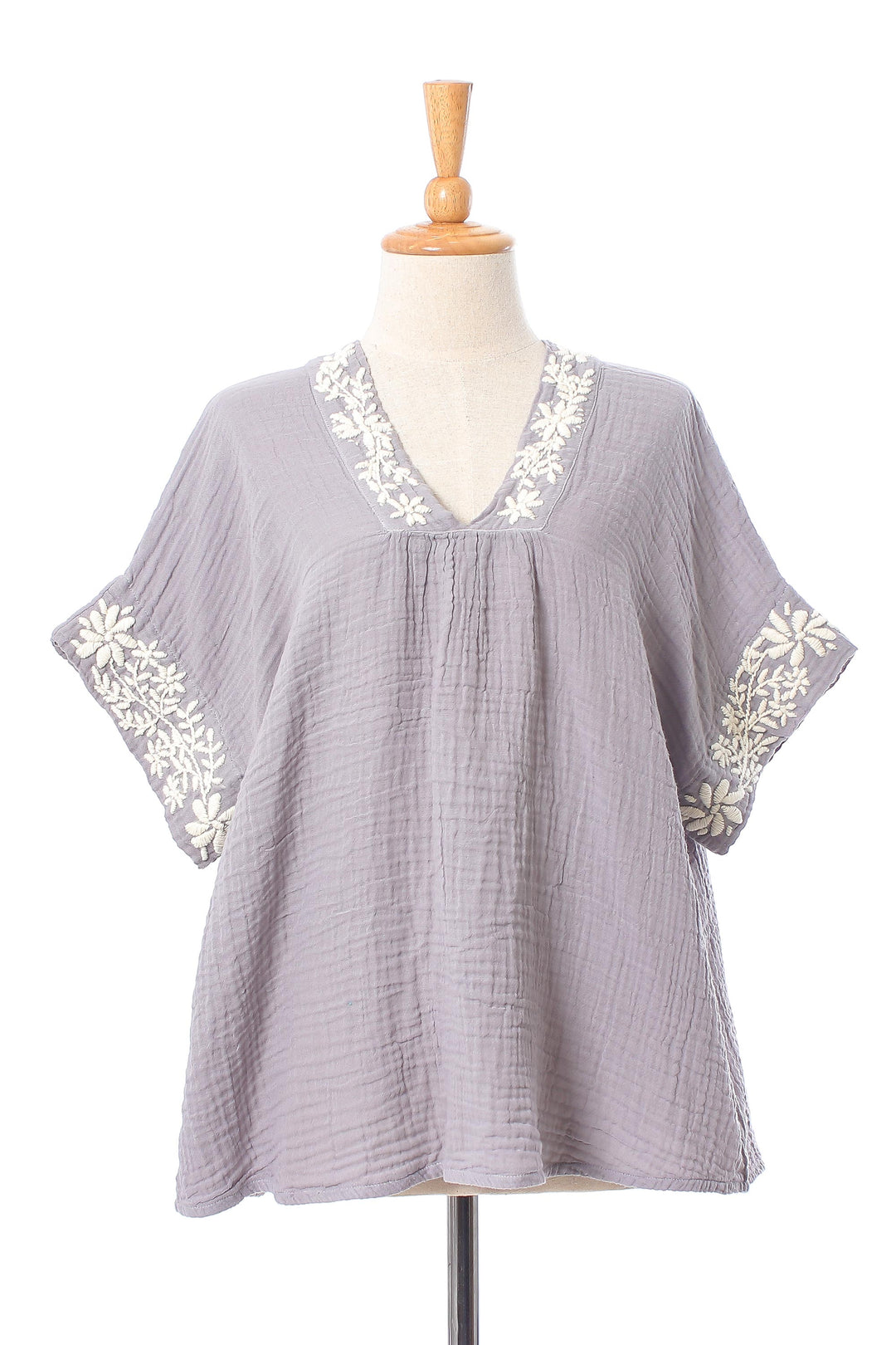 Floral Embroidered Cotton Blouse in Ash from Thailand - Classic Bloom in Ash