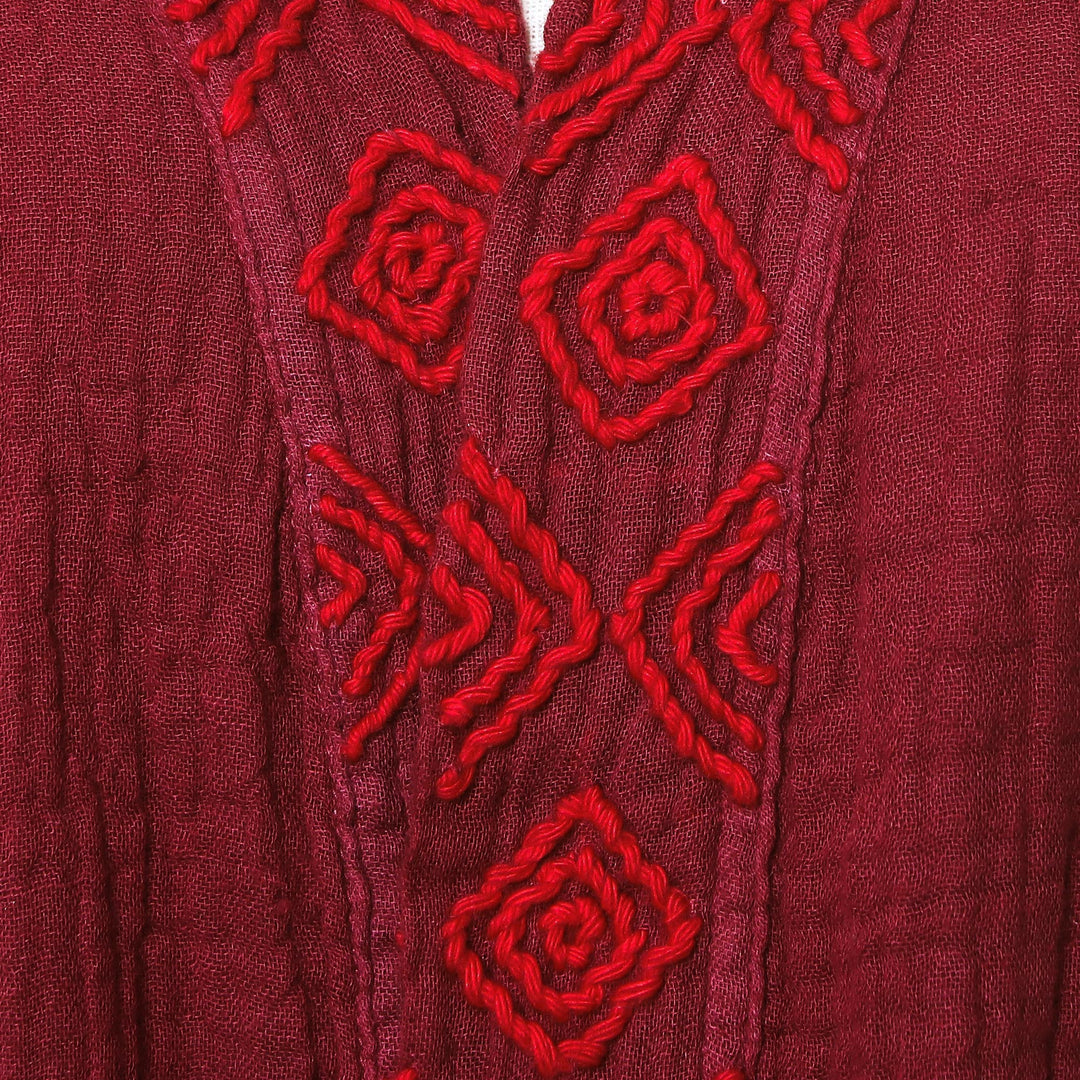 Embroidered Cotton Robe in Cerise and Strawberry - Relaxing Sangria